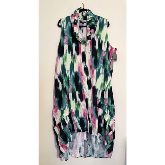 For Cynthia Linen Blend Cowl Neck Hi Low Midi Green/Pink Brush Stroke Dress 2X - Picture 1 of 8
